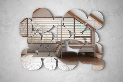 Modern mirror in the shape of pebbles hanging on the wall reflecting interi.. Stock Illustration