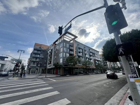 Modern mixed-use development in Little Tokyo, Downtown Los Angeles Stock Photos
