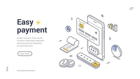 Modern mobile payment system illustrated in isometric line art design web b.. Illustrazione stock