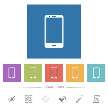 Modern mobile phone with one button flat white icons in square backgrounds Stock Illustration