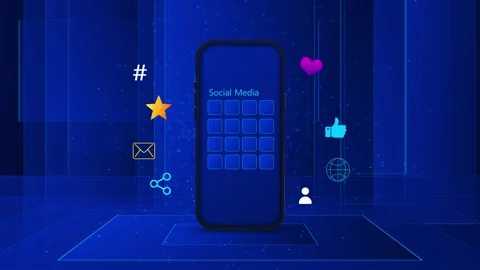 Modern mobile social interface scene phone, engagement symbols, blue virtual tec Stock Footage 340577829