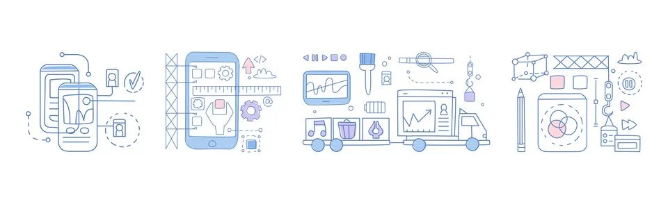 Modern Mobile Technology and Application for Smartphone Development Vector Set Stock Illustration