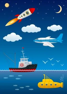Modern modes of transport. Moving in various environments. Science and Stock Illustration