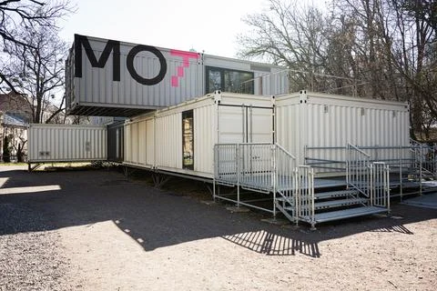 Modern Module of Temporality modular building made from repurposed shipping.. Stock Photos