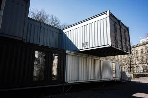 Modern Module of Temporality structure made from stacked shipping container.. Stock Photos