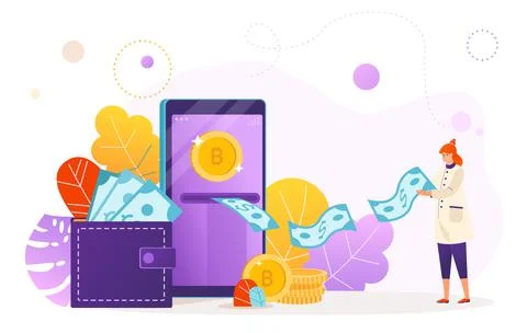Modern money bitcoin, tiny character woman hold dollar, mobile phone application Ilustración de archivo