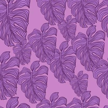 Modern monstera leaf seamless pattern on purple background. Tropical leaves p Stock Illustration