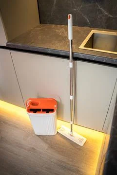 Modern mop with bucket with two sections. Mop with spin and rinse 스톡 사진