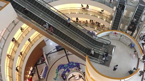 Modern Multi-Level Interior with Escalators and Visitors Stock Footage 314062279