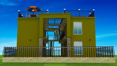 Modern Multi-Unit Residential Building with Central Staircase and Rooftop Stock Illustration