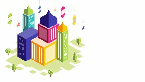 Modern multicolor isometric mosque buildings with festive vector animation Stock Footage 318201235