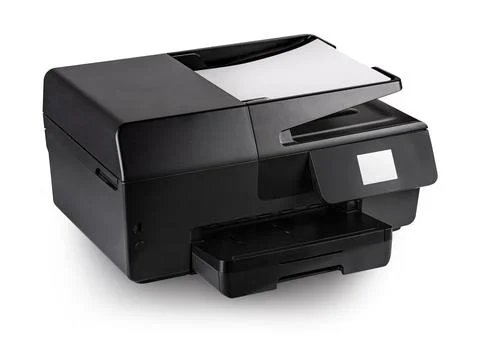 Modern multifunction  black inkjet printer with paper isolated on white backg Stock Photos