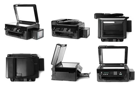 Modern multifunction printer on white background, views from different sides Fotos de archivo