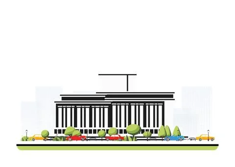 Modern museum building in flat style with trees and cars. City scene isolat.. Ilustración de archivo