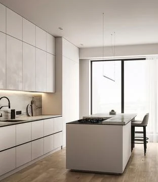 Modern nature style white kitchen interior design with island and panoramic Illustrazione stock