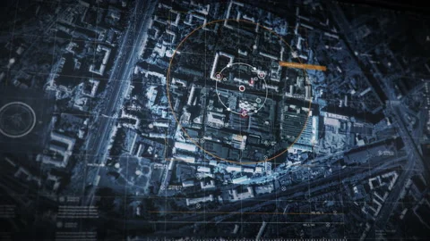 Modern Navigation User Interface Connects To Satellite For Digital Cityscape Map Stock Footage 158560106