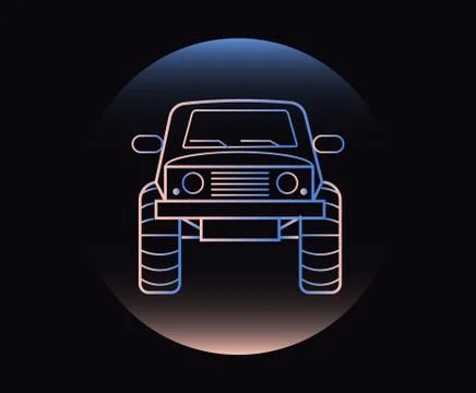Modern Neon Thin Icon of of-road car on Black Background. Stock Illustration
