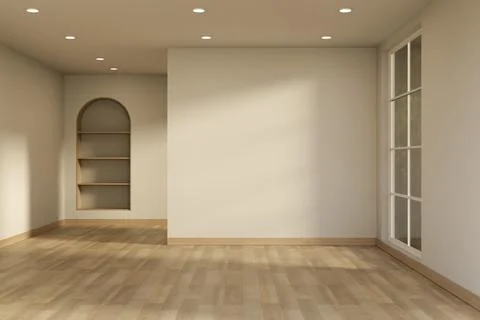 Modern neutral room interior with recessed arch shelf and window on white w.. Stock Illustration