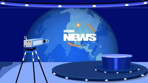Modern news studio setup with camera and world map animation Stock Footage 327019404