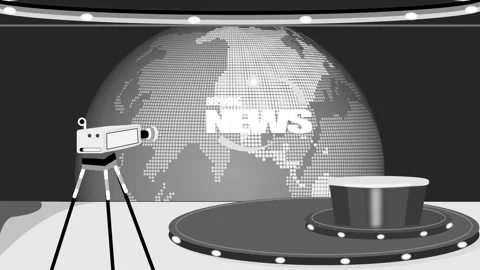 Modern news studio setup with camera and world map animation Stock Footage 327019439