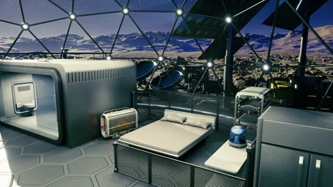 Modern night capsule. Advanced sleeping chamber facing urban landscape Stock Footage 341563469