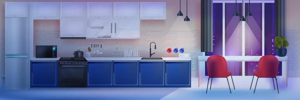 Modern night kitchen interior empty no people house room with furniture Stock Illustration