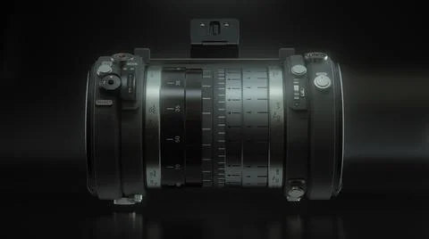 Modern nonexistent DSLR macro camera lens on black background. 3D rendering and Stock Illustration