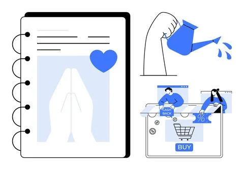 Modern Note-taking, E-commerce Interaction, and Growth Ideas in Blue and Wh.. Stockillustratie
