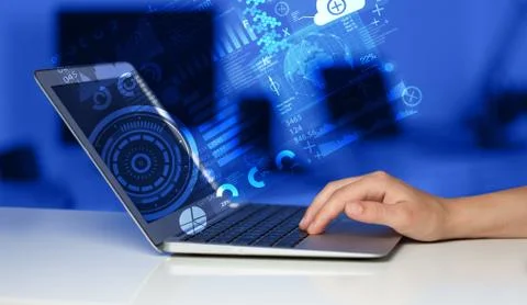 Modern notebook computer with future technology symbols Foto stock