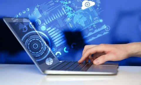 Modern notebook computer with future technology symbols 스톡 사진