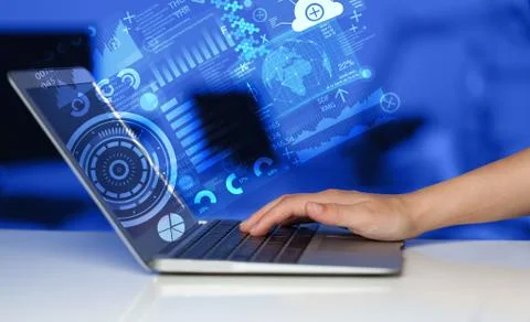 Modern notebook computer with future technology symbols Foto stock
