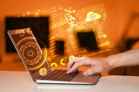 Modern notebook computer with future technology symbols Foto stock