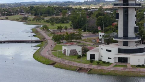 Modern observation tower in Cambyreta with circular levels and adjacent park Видео 332823053