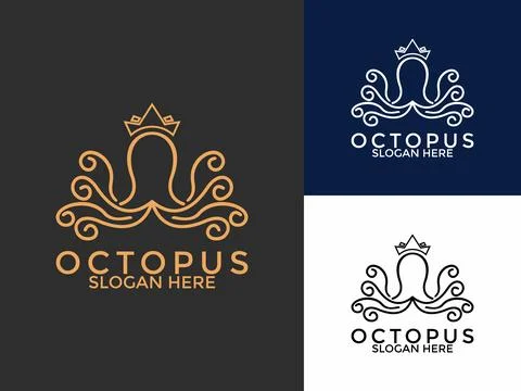 Modern Octopus Squid with Crown Line art Logo vector, Simple Octopus minima.. Stock Illustration