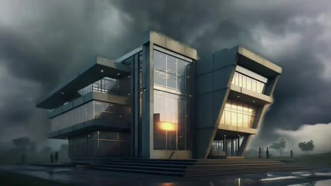 Modern office building in dark strom clouds looping background Stockbeeldmateriaal 232710733