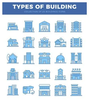 Modern office building icon collection with minimalist blue outlines on white Ilustración de archivo