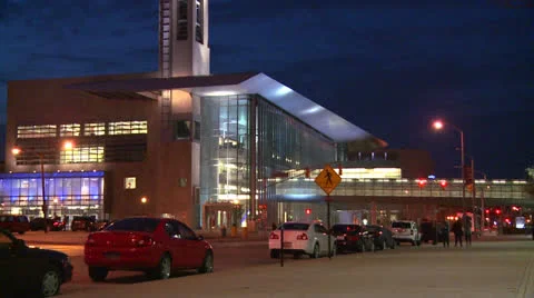 A modern office building or performing arts center at night. Stock Footage 26973430