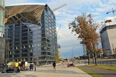 Modern office building Proximo and under construction skyscrapers in Warsaw Stock Photos