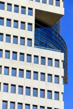 Modern Office Building with Rectangular Windows Against Blue Sky, Tel Aviv,.. Stock Photos