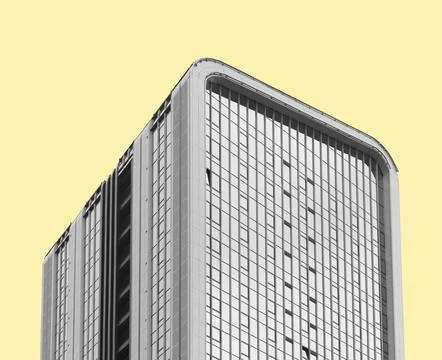 Modern office building with rounded corners against a pale yellow backgroun.. Stock Photos