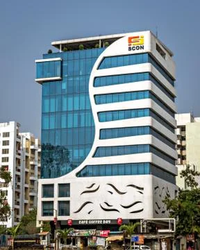 Modern office building of SCON projects company on a sunny morning. Stock Photos