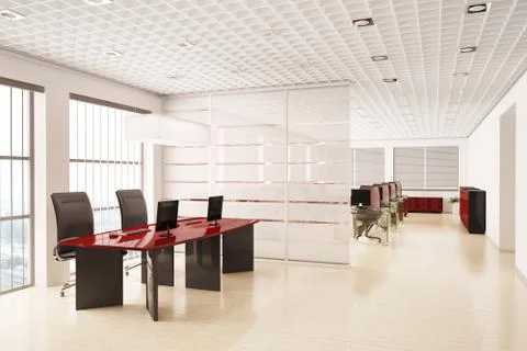 Modern office with computers interior 3d Stock Illustration