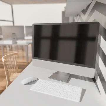 Modern office with computers mockup. Black screen. 3d illustration Stock Illustration