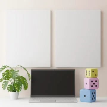 Modern office with computers mockup. Black screen. 3d illustration Ilustración de archivo