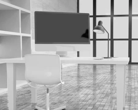 Modern office with computers mockup. Black screen. 3d illustration Stock Illustration