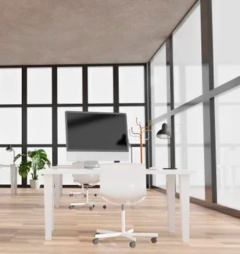 Modern office with computers mockup. Black screen. 3d illustration Stock Illustration