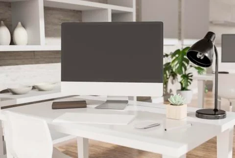 Modern office with computers mockup. Black screen. 3d illustration Ilustración de archivo