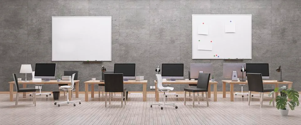 Modern office with computers mockup. Black screen. 3d illustration Stock Illustration