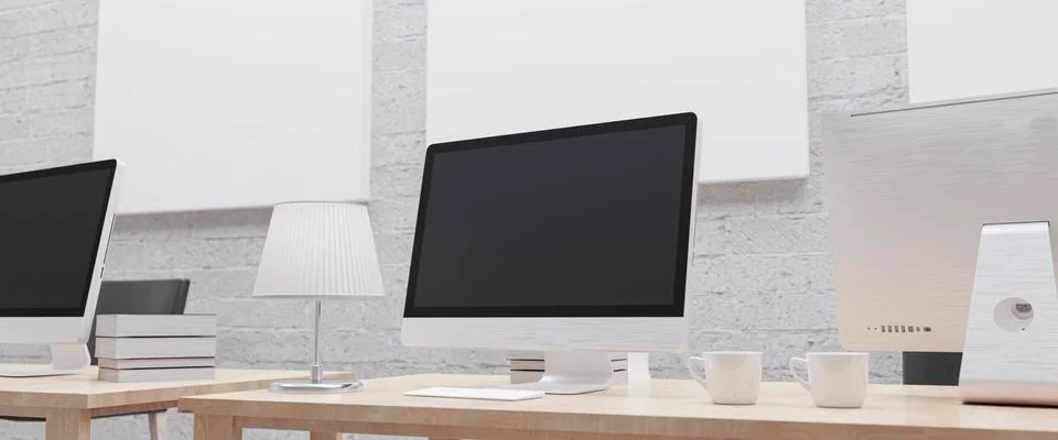 Modern office with computers mockup. Black screen. 3d illustrati Stock Illustration