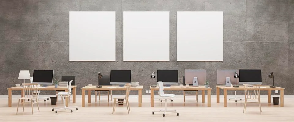 Modern office with computers mockup. Black screen. 3d illustration Stock Illustration